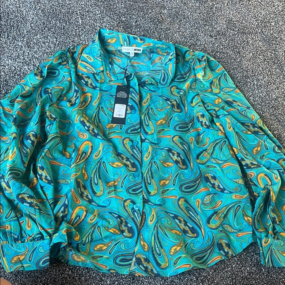 Fashion Nova Blue and Gold Paisley Men's Shirt